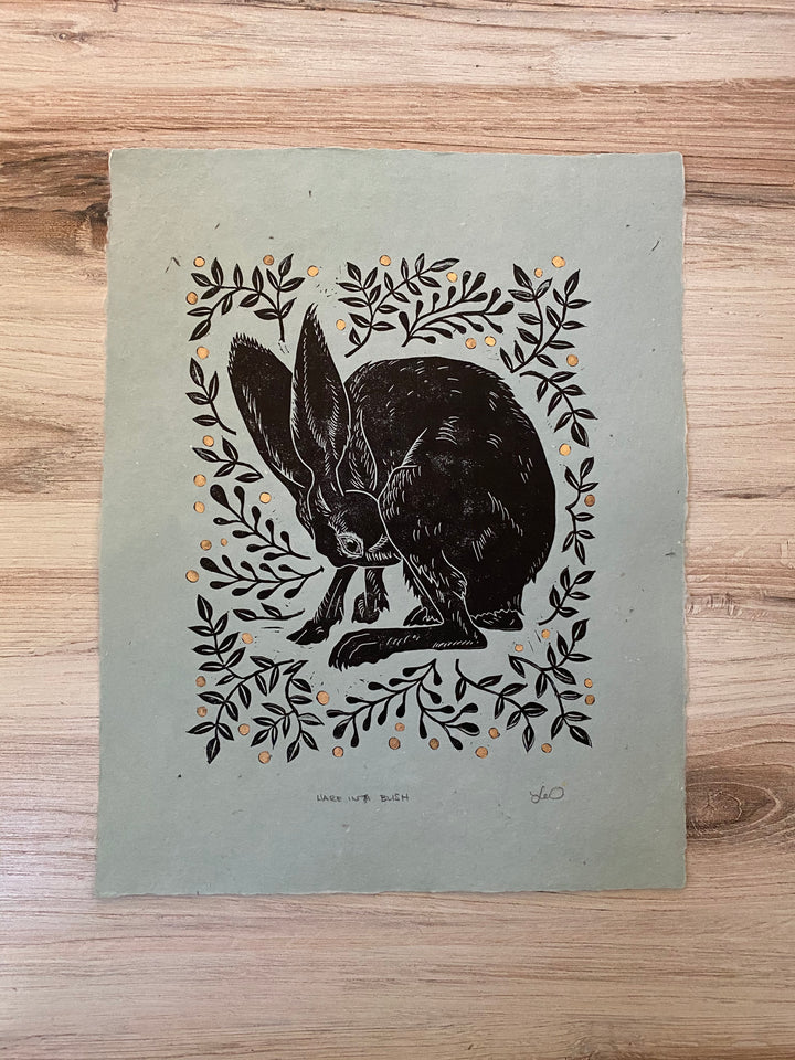 Hare in a Bush Lino Print